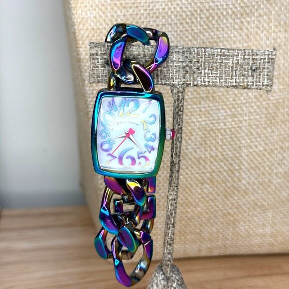Betsey Johnson Womens Iridescent Oil Slick Chain Link Watch With Square Face - Picture 1 of 12